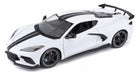 White diecast model sports car with black racing stripes and rear spoiler, 1:18 scale