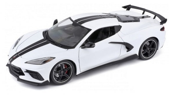 White diecast model sports car with black racing stripes and rear spoiler, 1:18 scale
