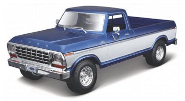 Blue and white diecast model pickup truck in 1:18 scale with realistic detailing
