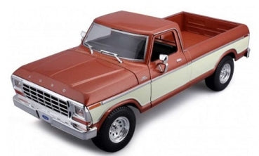 Diecast 1:18 scale vintage pickup truck model in metallic brown and cream, detailed finish