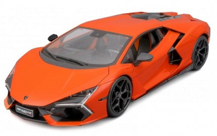1:18 scale orange diecast model sports car with black wheels and detailed exterior