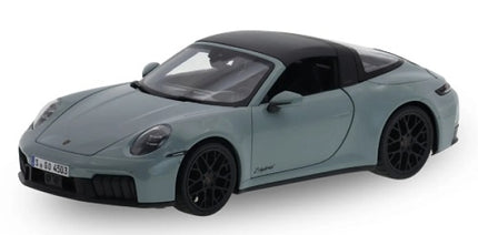 Light blue Porsche 911 Targa diecast model car with black roof and detailed wheels.