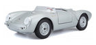 Silver diecast Porsche 550 Spyder model car in 1:18 scale, detailed classic sports car.