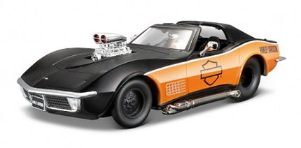 Diecast model car, black and orange muscle car with side exhaust and exposed engine, 1:18 scale