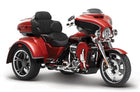 Red diecast model trike motorcycle with detailed black seats and chrome accents