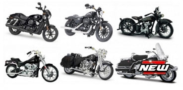 Six diecast model motorcycles in various classic and modern styles on a white background.