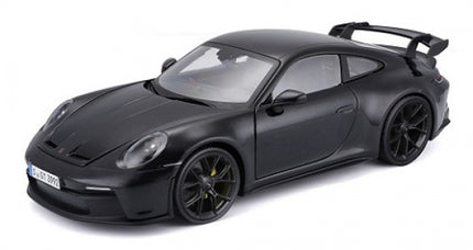1:18 scale matte black diecast sports car model with rear spoiler and detailed rims