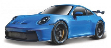 Blue diecast model sports car with black wheels and rear spoiler, 1:18 scale collectible