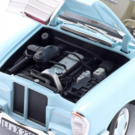 Mercedes-Benz 220 S Diecast Model Car 1965, Light Blue, 1:18 Scale with Custom Plates