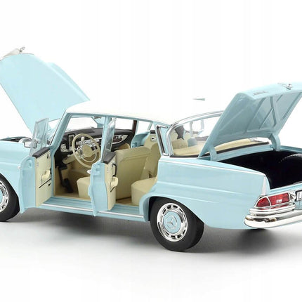 Mercedes-Benz 220 S Diecast Model Car 1965, Light Blue, 1:18 Scale with Custom Plates