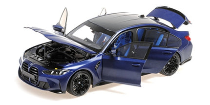 1:18 scale blue BMW diecast model car with open doors, hood, and trunk