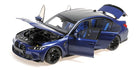 1:18 scale blue BMW diecast model car with open doors, hood, and trunk