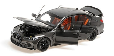 Black 1:18 scale diecast BMW model car with open doors, hood, and trunk, detailed interior.