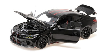 1:18 scale black diecast model car with open doors, hood, and trunk, sporty design
