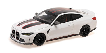 1:18 scale white diecast model car with black wheels and red racing stripes