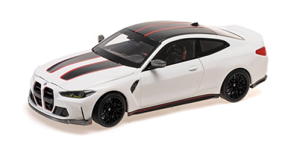 1:18 scale white diecast model car with black and red stripes, black wheels, and detailed interior