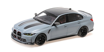 1:18 scale diecast model car, metallic grey sports sedan with black accents