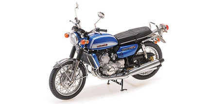 Blue diecast motorcycle model with chrome details, displayed on a white background