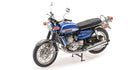 Blue diecast motorcycle model with chrome details, displayed on a white background