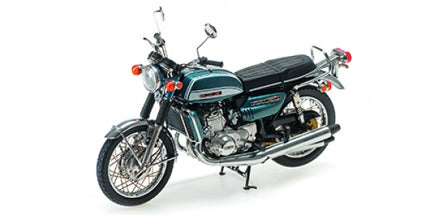 1:18 scale diecast model classic motorcycle with teal and chrome detailing on white background