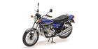 Blue and silver diecast model classic motorcycle with detailed engine and chrome accents.
