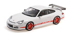 1:18 scale white Porsche GT3 RS diecast model car with red wheels and side stripes