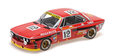 Red BMW 3.0 CSL diecast model car with racing decals, number 12, and gold wheels