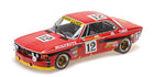 Red BMW 3.0 CSL diecast model car with racing decals, number 12, and gold wheels