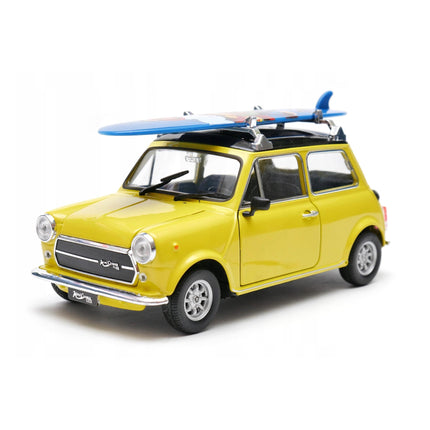 Mini Cooper 1300 Surfing Yellow Welly 1:24 Diecast Model Car Metal Collector Scale Model with Custom Plates