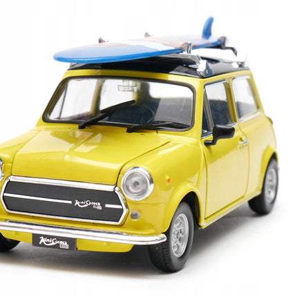 Mini Cooper 1300 Surfing Yellow Welly 1:24 Diecast Model Car Metal Collector Scale Model with Custom Plates