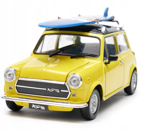 Mini Cooper 1300 Surfing Yellow Welly 1:24 Diecast Model Car Metal Collector Scale Model with Custom Plates