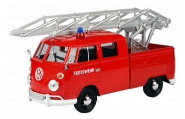 Red Volkswagen fire truck diecast model with ladder and blue siren, side view