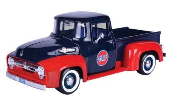 1:24 scale diecast vintage pickup truck model in blue and red with Gulf logo on door