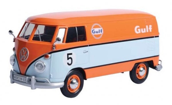 Diecast model VW van in blue and orange with Gulf livery and number 5, 1:24 scale collectible.