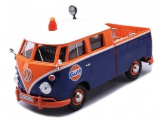 1:24 scale diecast VW pickup truck in blue and orange Gulf livery with roof lights