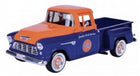 1:24 scale diecast vintage pickup truck model with orange and blue Gulf Oil livery