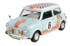 1:24 scale diecast Mini Cooper model car in Gulf race livery with orange stripes and number 6