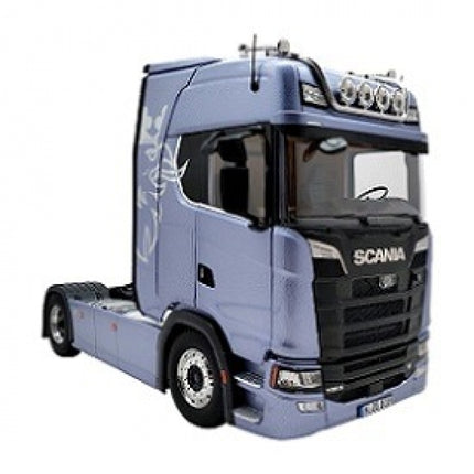 1:18 scale diecast model of a blue Scania truck cab with detailed exterior features