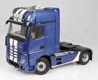 1:18 scale blue diecast Mercedes-Benz Actros truck model with white racing stripes