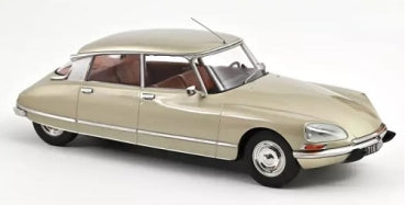 Diecast model car in beige, classic sedan, 1:18 scale, detailed interior, side view