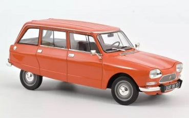 Red diecast model car wagon in 1:18 scale, detailed exterior, side view on white background.