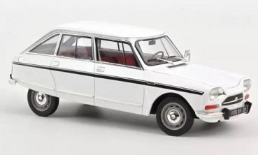 White diecast model car with black stripe, vintage 1:18 scale, four-door sedan