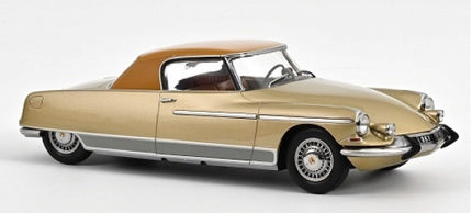 Gold and bronze diecast model car in 1:18 scale with vintage design, front side view