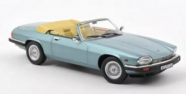1:18 scale diecast convertible model car in metallic blue with beige interior on white background