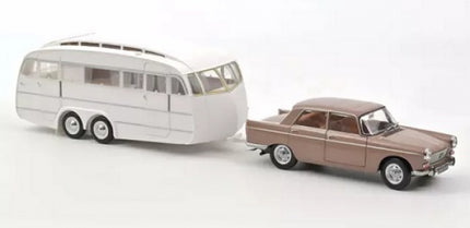 1:18 scale diecast model brown classic car towing white vintage caravan, on white background