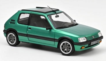 Green 1:18 scale diecast model car with black trim and sunroof on white background