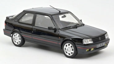 Black 1:18 scale diecast model car with detailed wheels and trim, displayed on white background.