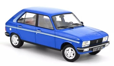 Blue diecast model car, 1:18 scale, four-door hatchback with white stripe detailing