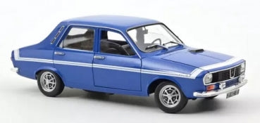 Blue diecast sedan model car with white racing stripes, detailed 1:18 scale collectible.