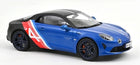 1:18 scale blue Alpine A110 model car with red and white side graphics, diecast collectible